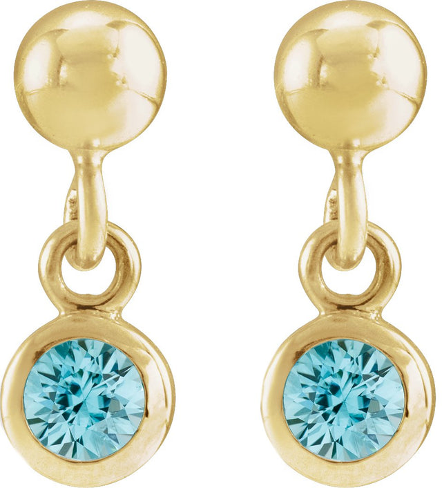 14K Gold Round Natural Blue Zircon Micro-Bezel Dangle Earrings - view 2