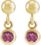 14K Gold Round Natural Pink Tourmaline Micro-Bezel Dangle Earrings - view 2