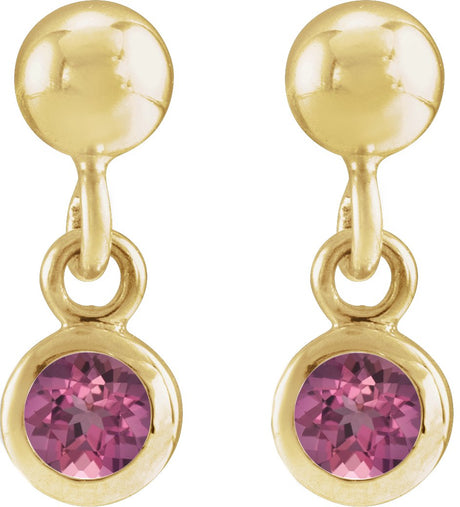 14K Gold Round Natural Pink Tourmaline Micro-Bezel Dangle Earrings - view 2