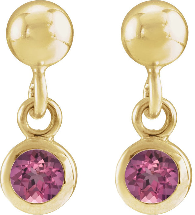 14K Gold Round Natural Pink Tourmaline Micro-Bezel Dangle Earrings - view 2