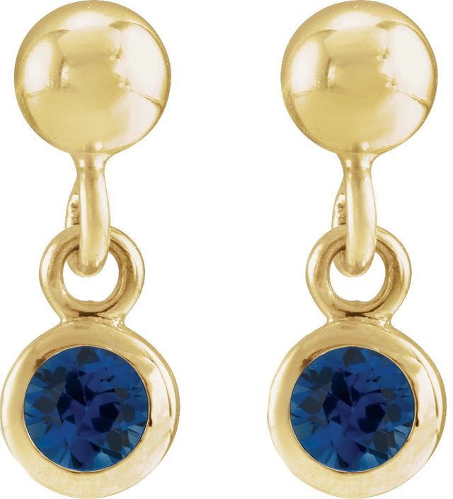 14K Gold Round Natural Blue Sapphire Micro-Bezel Dangle Earrings - view 2