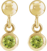 14K Gold Round Natural Peridot Micro-Bezel Dangle Earrings - view 2