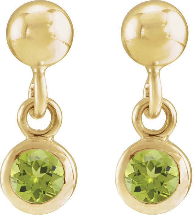 14K Gold Round Natural Peridot Micro-Bezel Dangle Earrings - view 2