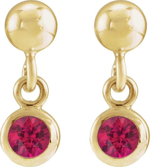 14K Gold Round Natural Ruby Micro-Bezel Dangle Earrings - view 2