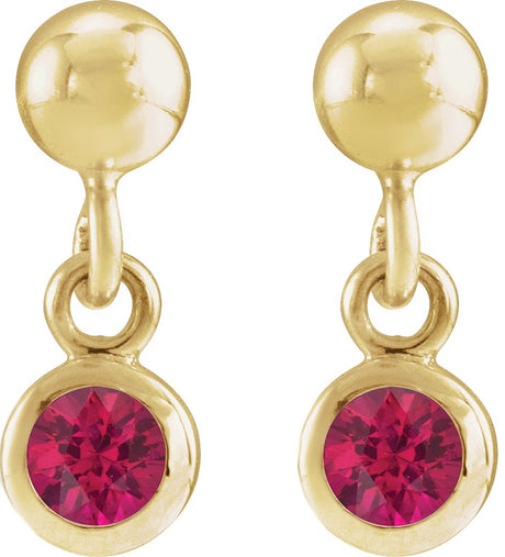 14K Gold Round Lab-Grown Ruby Micro-Bezel Dangle Earrings - view 2