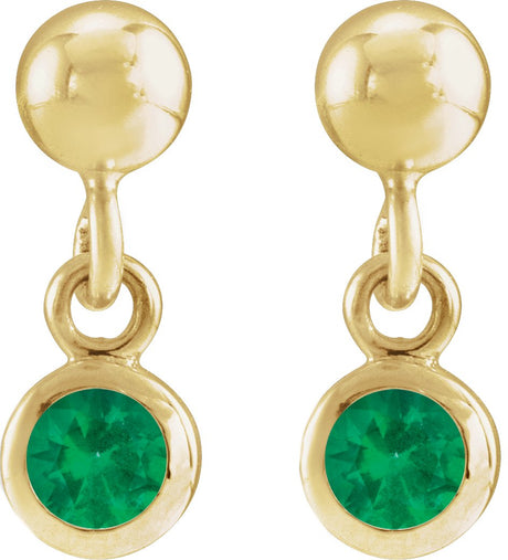 14K Gold Round Lab-Grown Emerald Micro-Bezel Dangle Earrings - view 2