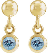 14K Gold Round Natural Aquamarine Micro-Bezel Dangle Earrings - view 2