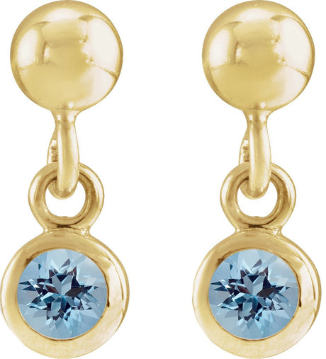 14K Gold Round Natural Aquamarine Micro-Bezel Dangle Earrings - view 2