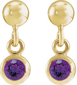 14K Gold Round Natural Amethyst Micro-Bezel Dangle Earrings - view 2