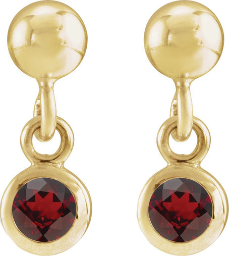 14K Gold Round Natural Mozambique Garnet Micro-Bezel Dangle Earrings - view 2