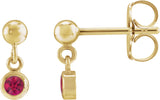 14K Gold Round Natural Ruby Micro-Bezel Dangle Earrings