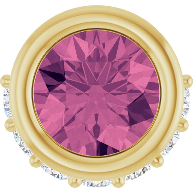 14K Gold Round Natural Pink Tourmaline Accented Bezel-Set Necklace or Pendant - Yellow Gold