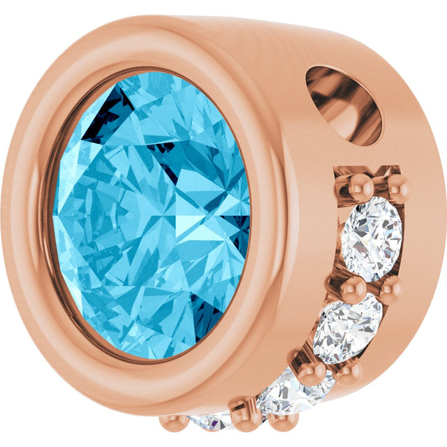 14K Gold Round Natural Aquamarine Accented Bezel-Set Necklace or Pendant - Rose Gold - view 2