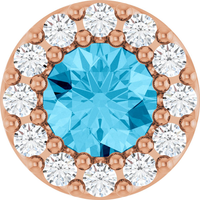 14K Gold Round Natural Aquamarine Halo-Style Pendant - Rose Gold