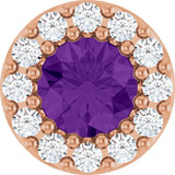 14K Gold Round Natural Amethyst Halo-Style Pendant - Rose Gold