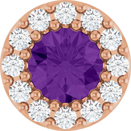 14K Gold Round Natural Amethyst Halo-Style Pendant - Rose Gold