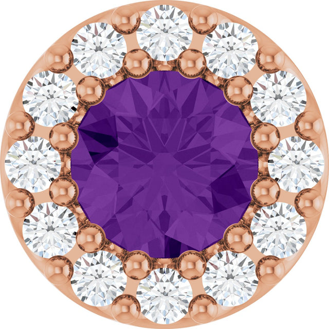14K Gold Round Natural Amethyst Halo-Style Pendant - Rose Gold