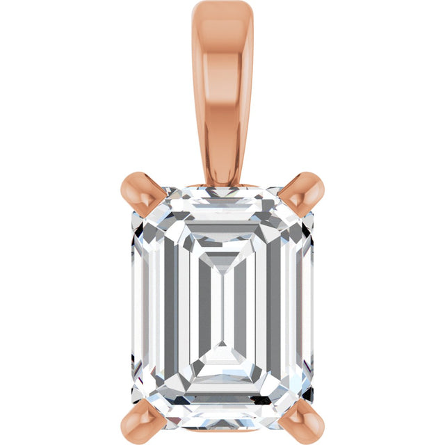 14K Gold Natural Diamond Emerald 4-Prong Solitaire Pendant - Rose Gold