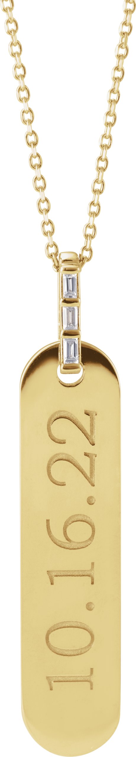 14K Gold Straight Baguette Natural Diamond Engravable Accented Bar Necklace - Yellow Gold