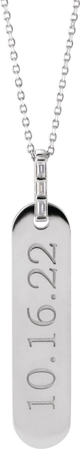 14K Gold Straight Baguette Natural Diamond Engravable Accented Bar Necklace - White Gold