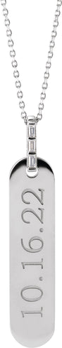 Platinum Straight Baguette Natural Diamond Engravable Accented Bar Necklace