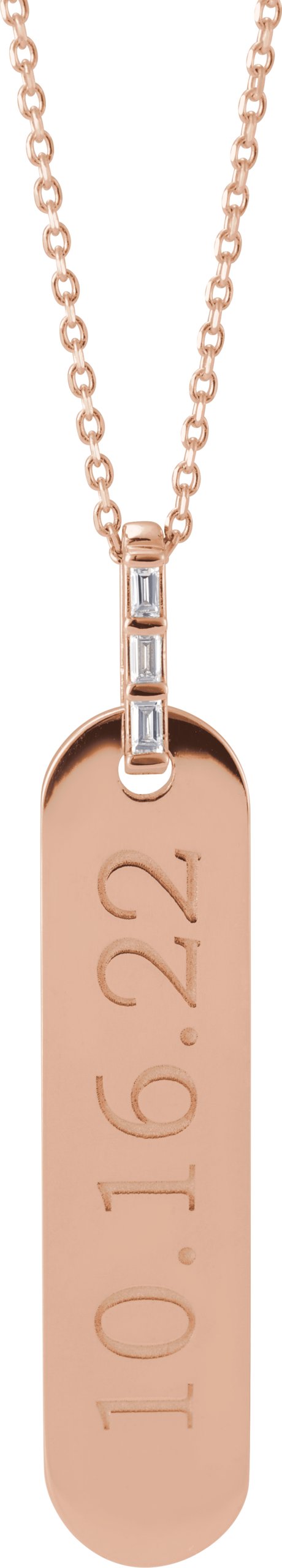 14K Gold Straight Baguette Natural Diamond Engravable Accented Bar Necklace - Rose Gold