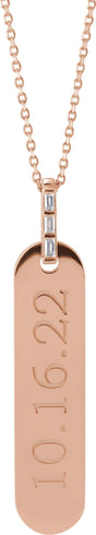 14K Gold Straight Baguette Natural Diamond Engravable Accented Bar Necklace - Rose Gold