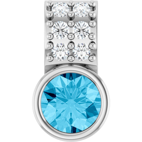 14K Gold Round Natural Aquamarine Accented Bezel-Set Pendant - White Gold