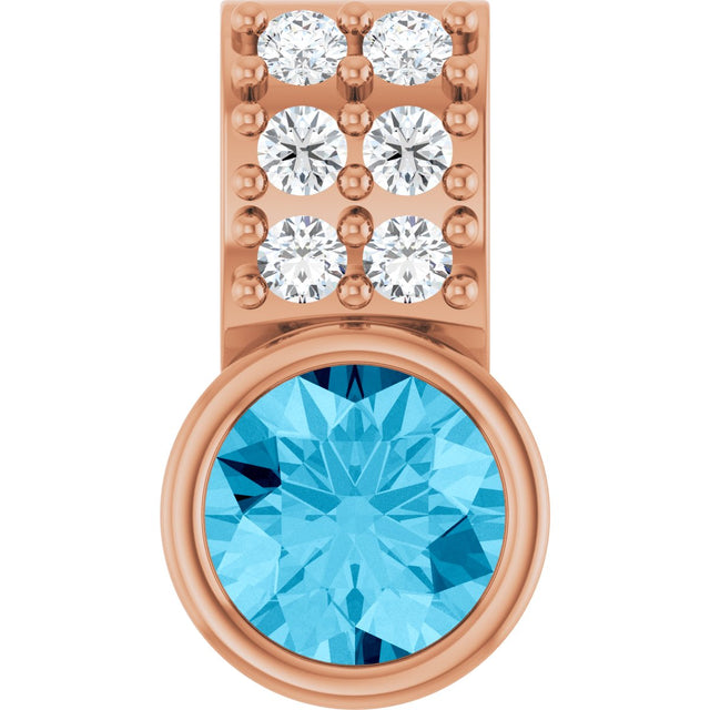 14K Gold Round Natural Aquamarine Accented Bezel-Set Pendant - Rose Gold