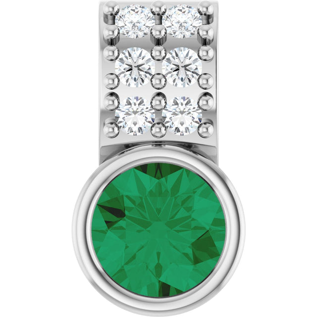 14K Gold Round Natural Emerald Accented Bezel-Set Pendant - White Gold