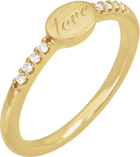 14K Gold Round Natural Diamond Engravable Accented Signet Ring - Yellow Gold