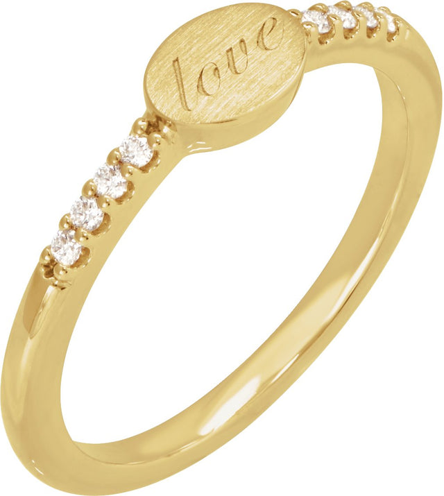 14K Gold Round Natural Diamond Engravable Accented Signet Ring - Yellow Gold