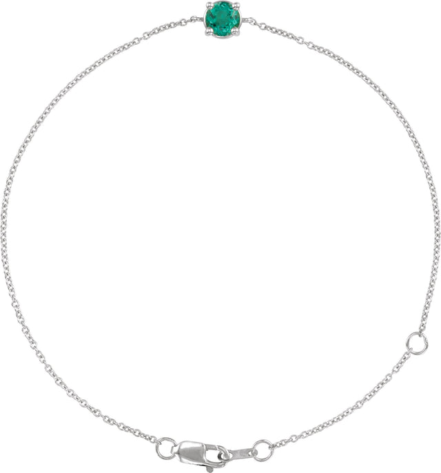 14K Gold Round Natural Emerald Solitaire Link Bracelet - White Gold