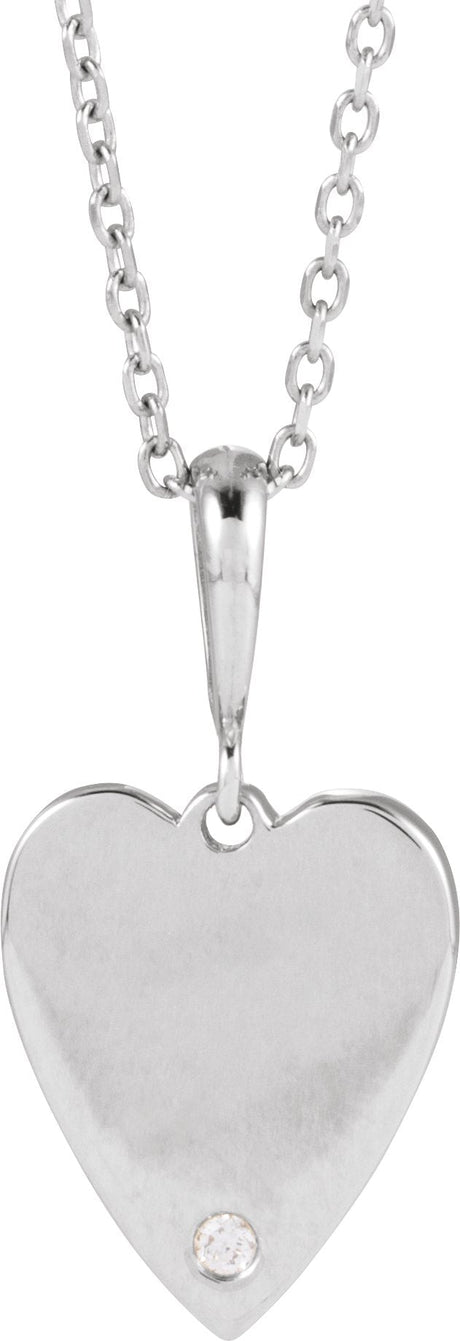 14K Gold Round Natural Diamond Engravable Accented Heart Necklace or Pendant - White Gold
