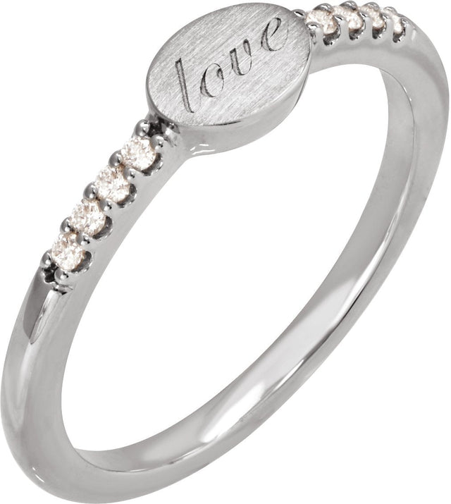 14K Gold Round Natural Diamond Engravable Accented Signet Ring - White Gold