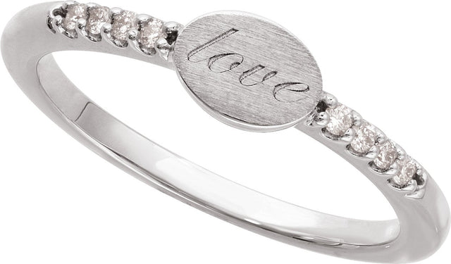 14K Gold Round Natural Diamond Engravable Accented Signet Ring - White Gold - view 2