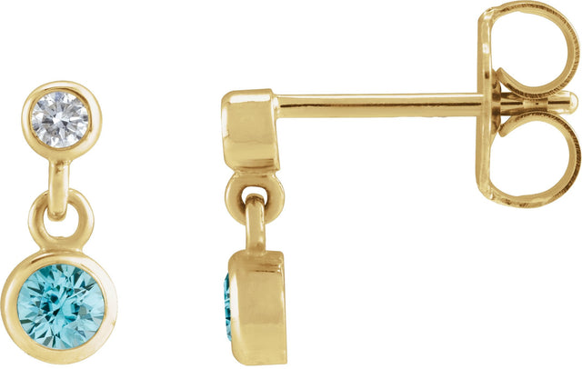 14K Gold Round Natural Blue Zircon Two-Stone Bezel Set Earrings - Yellow Gold