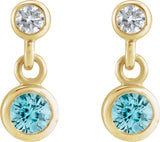 14K Gold Round Natural Blue Zircon Two-Stone Bezel Set Earrings - Yellow Gold - view 2