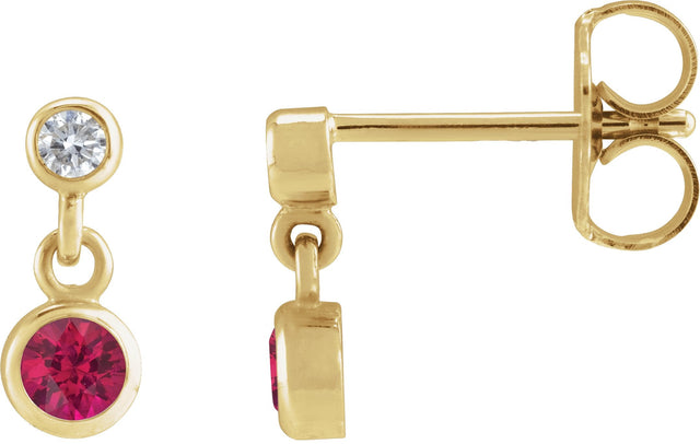 14K Gold Round Natural Ruby Two-Stone Bezel Set Earrings - Yellow Gold