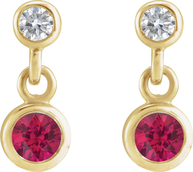 14K Gold Round Natural Ruby Two-Stone Bezel Set Earrings - Yellow Gold - view 2