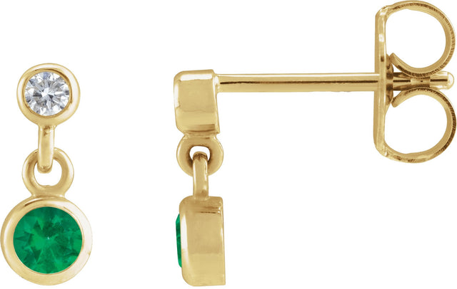 14K Gold Round Natural Emerald Two-Stone Bezel Set Earrings - Yellow Gold