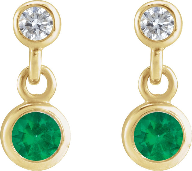 14K Gold Round Natural Emerald Two-Stone Bezel Set Earrings - Yellow Gold - view 2