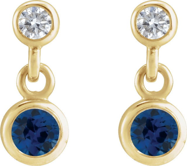 14K Gold Round Lab-Grown Blue Sapphire Two-Stone Bezel Set Earrings - Yellow Gold - view 2