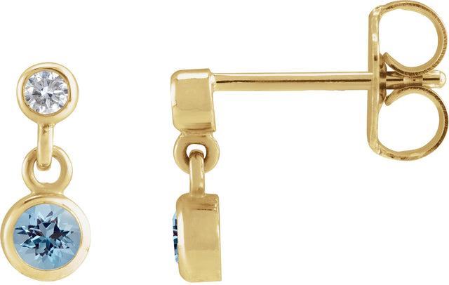 14K Gold Round Natural Aquamarine Two-Stone Bezel Set Earrings - Yellow Gold