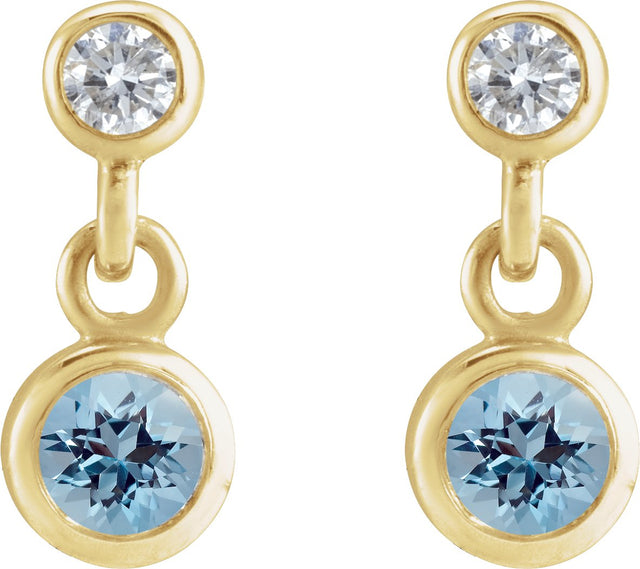 14K Gold Round Natural Aquamarine Two-Stone Bezel Set Earrings - Yellow Gold - view 2