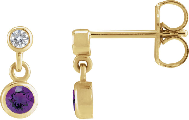 14K Gold Round Natural Amethyst Two-Stone Bezel Set Earrings - Yellow Gold