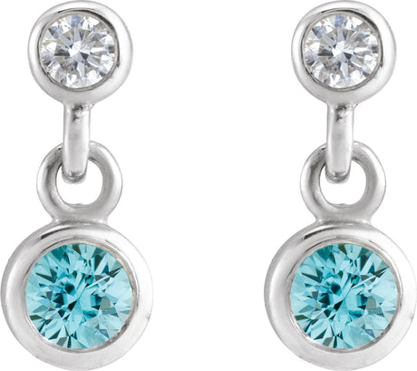 Platinum Round Natural Blue Zircon Two-Stone Bezel Set Earrings - view 2