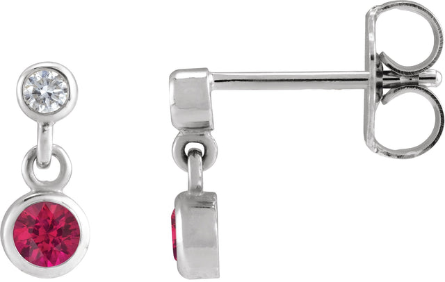 Platinum Round Lab-Grown Ruby Two-Stone Bezel Set Earrings