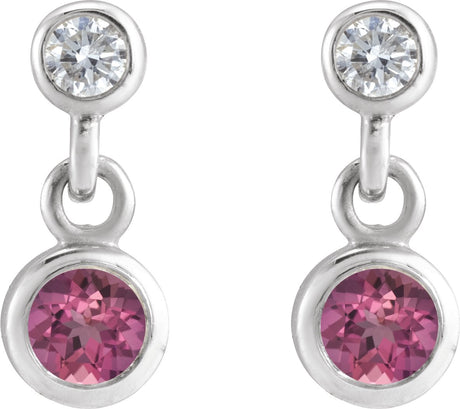 Platinum Round Natural Pink Tourmaline Two-Stone Bezel Set Earrings - view 2