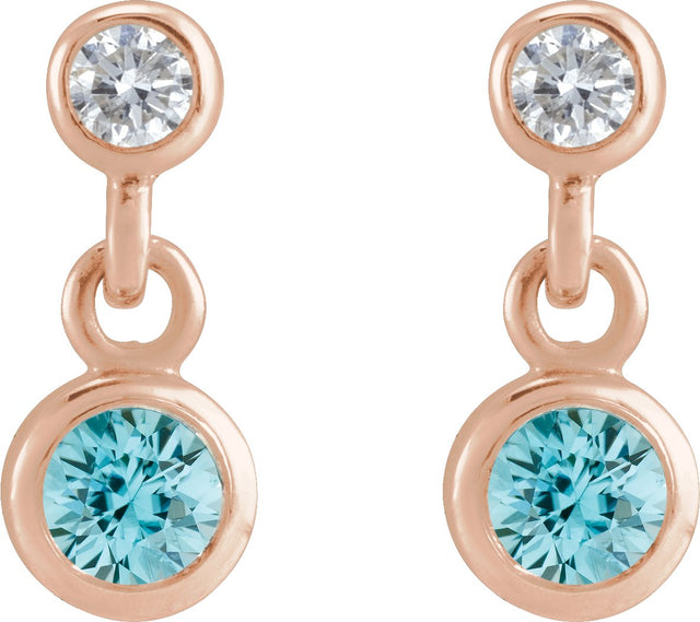 14K Gold Round Natural Blue Zircon Two-Stone Bezel Set Earrings - Rose Gold - view 2